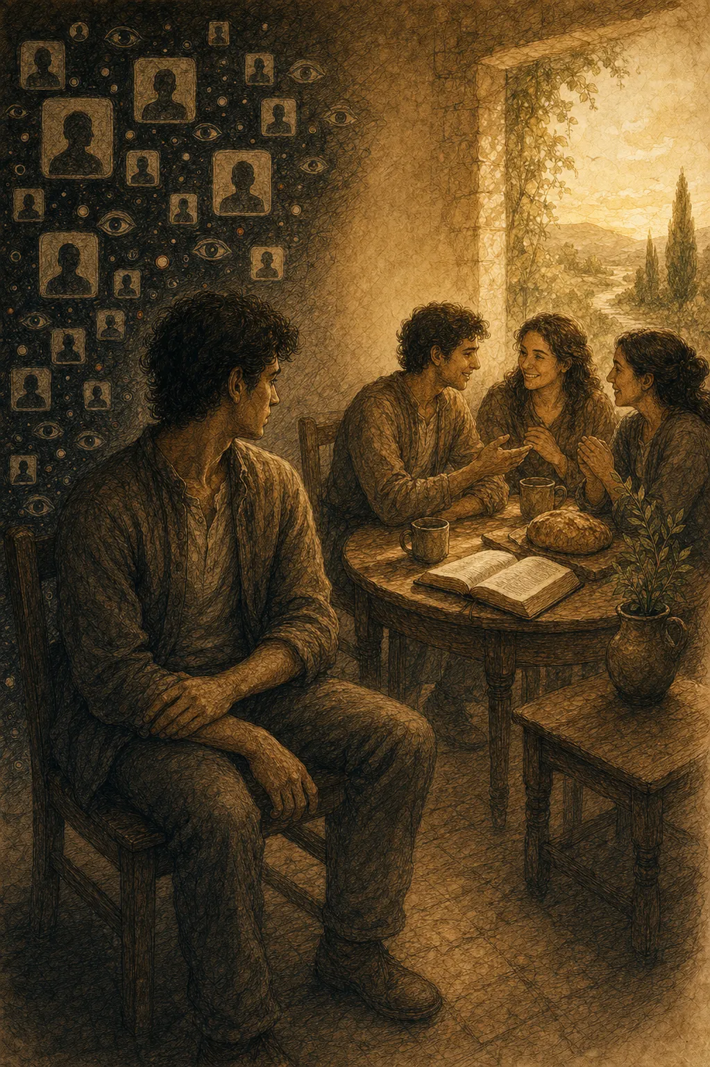 Ilustración sepia que contrasta audiencia distante con comunidad encarnada